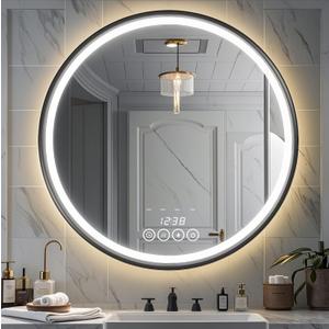 24 Inch Wall-Mounted Round Bathroom Mirror with LED-Lights - Frame Vanity Mirrors (24" x 24", Black)