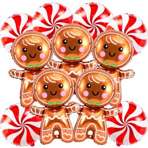 11PCS Large Gingerbread and Candy Balloons Set - Red Foil Balloons for Christmas Party Decorations