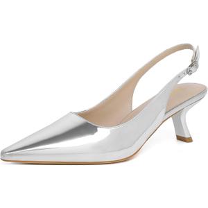 RIBONGZ Silver Kitten Heels for Women Pointed Closed Toe Pumps Patent Leather Low Heel Slingback Heels with Buckle Strappy Comfort Dress Shoes for Dating Wedding Prom Party Working Size 8