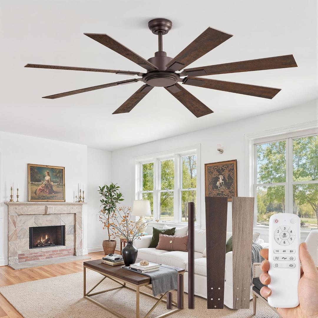 ZMISHIBO 62 Inch Ceiling Fan No Light with Remote Control, 8 Blades Quiet DC Reversible Motor, 6-Speed, Timer, Oil Rubbed Bronze Finish, Indoor Outdoor Ceiling Fans for Patios, Living Room, Garage