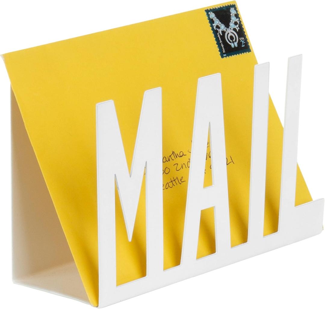 MyGift Mail Holder Organizer Countertop Modern Metal White with Cutout MAIL Lettering Design, Office Desktop Envelope and Document Storage Rack