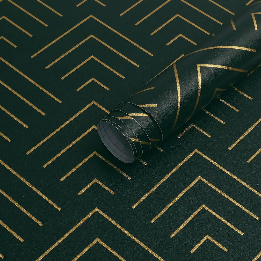 Heroad Peel and Stick Wallpaper 196"x17.3" Dark Green and Gold Wallpaper Geometric Wallpaper Dark Green and Gold Contact Paper Self Adhesive Removable Wallpaper for Cabinets Thicken Vinyl