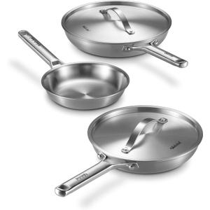 Stainless Steel Frying Pan Set with Lids 8+10+12 Inch, Tri-Ply Stainless Steel Skillets, Brushed Steel Pans with Stainless Steel Lids, Oven & Dishwasher Safe, Induction Compatible
