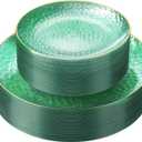 realluck 100 Pcs Clear Green Plastic Plates with Gold Rim, Premium Hammered Texture Disposable Party Dinnerware Set (50 Dinner Plates & 50 Dessert Plates) for Wedding, Birthday, Thanksgiving, Large