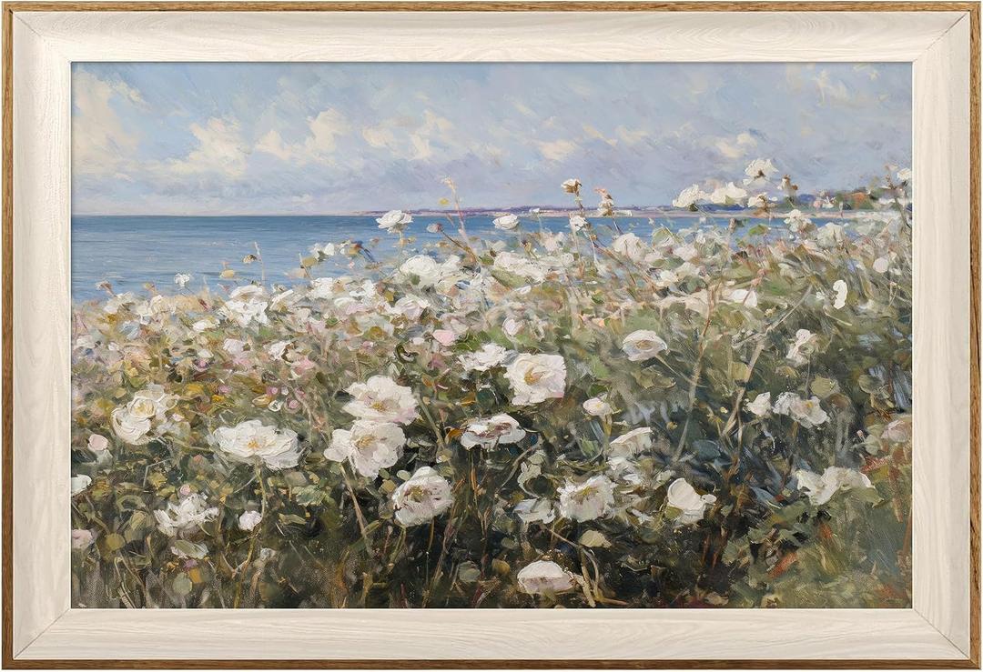 ASTRDECOR Framed Canvas Wall Art Room Decor, Vintage Landscape Wall Art for Home Decor Aesthetic Artwork, Coastal Scenery Nature White Wildflowers Oil Painting Pictures Bathroom Wall Decor 16''x24''