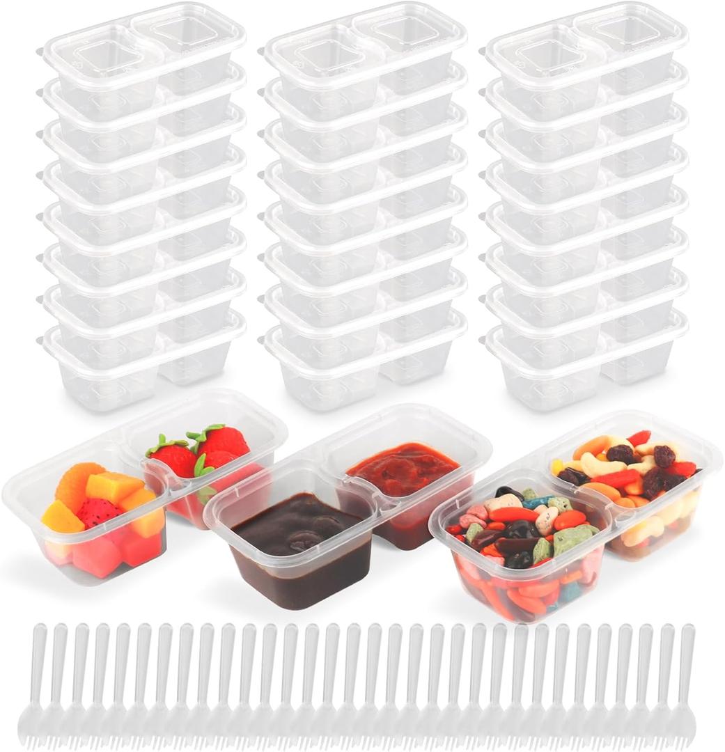 24 Set Double Compartment Snack Containers with Lids and Spoons, Reusable Snack Packs 2 Compartments, BPA-Free Snack Containers for Picnics, Lunches, Microwave Safe