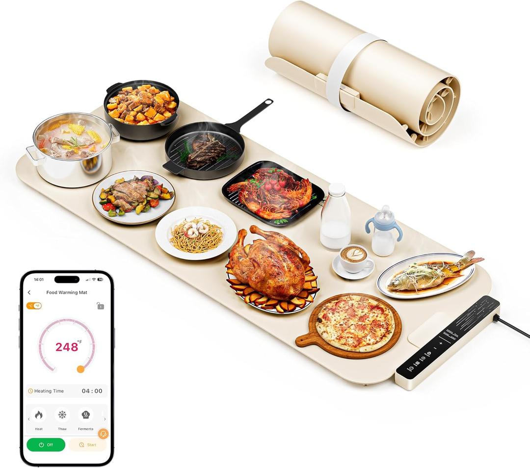 Vabaso Extra Large Food Warming Mat with APP, 37"x15" DIY Temperature & Timer Settings, Heats in 5s, Electric Warming Tray with Child Safety Lock, Warming Mat for Food & Countertop - Kosher Certified