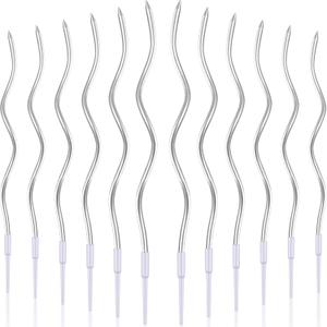 BBTO 12 Pcs Twisted Birthday Candles Spiral Metallic Cupcake Thin Long Cake Candles with Holders for Birthday Wedding Party(Silver)