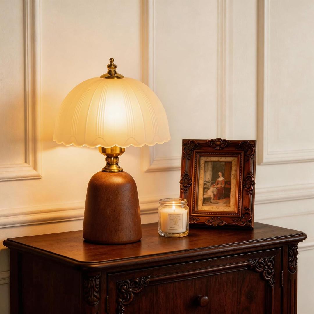 13 Mid-Century Decorative Wooden Small Table Lamp, Frosted Scalloped Glass Shade, Solid Wood Base, Vintage Bedside Table Lamp for Bedroom Living Room, E26 Bulb Included