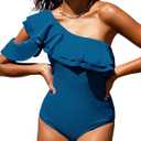 Hilor Women's One Piece Swimsuits One Shoulder Swimwear Asymmetric Ruffles Bathing Suits Aquamarine Blue 8 