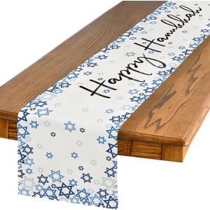 Artoid Mode Beige Hexagram Happy Hanukkah Table Runner, Chanukah Kitchen Dining Table Decoration for Home Party Decor 13x72 Inch