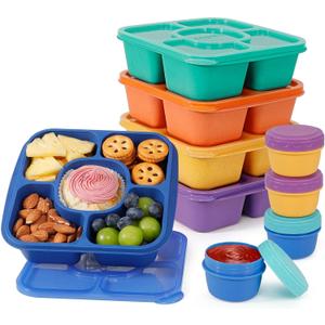 FANCILLA Adult Lunchable Container 5 Pack - Stackable 5 Compartments Lunch Bento Snack Box Containers for Kids, Reusable Snackle Box with 4 Sauce Containers, Wheat Straw, BPA-Free, Dishwasher Safe (Jewel Brights)