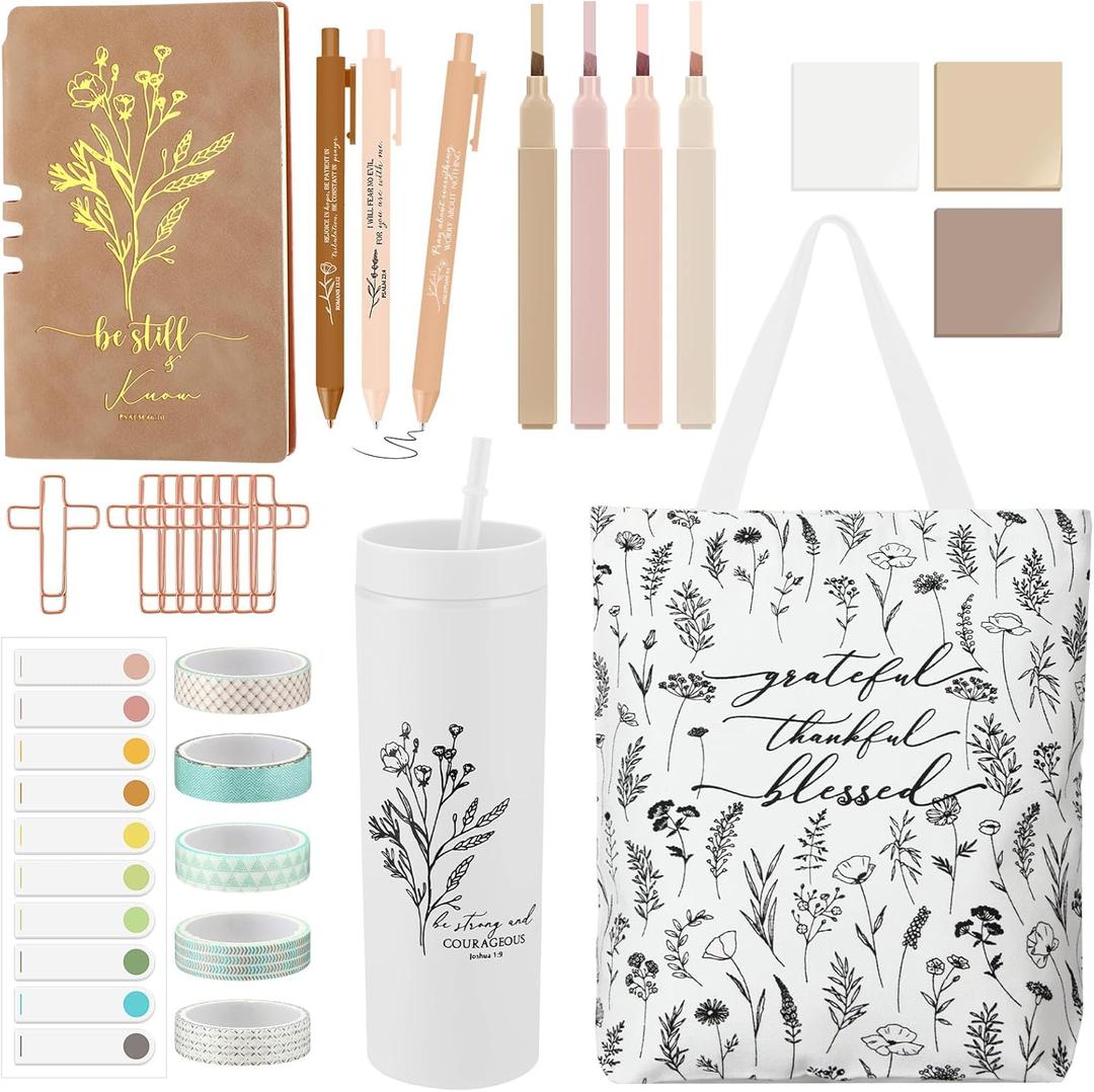 Patelai 29 Pcs Bible Study Supplies Journaling Kit with Christian Cup Tote Bag for Mother's Day Women Gifts Set for Friend Sister Mom Church Religious Birthday Gifts(White)