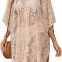 Sexy Elegant Lace Beach Cover Up for Women, Bathing Suit Cover Up, V-Neck Swimsuit Coverup for Poolside, Seaside and Party (Beige 2), L