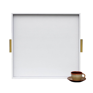 HofferRuffer Extra Large Square Serving Tray, Elegant Faux Leather Ottoman Tray with Gold Hardware Handles, Serve Tea, Coffee or Breakfast in Bed, 24 x 24 inches (White Shagreen)