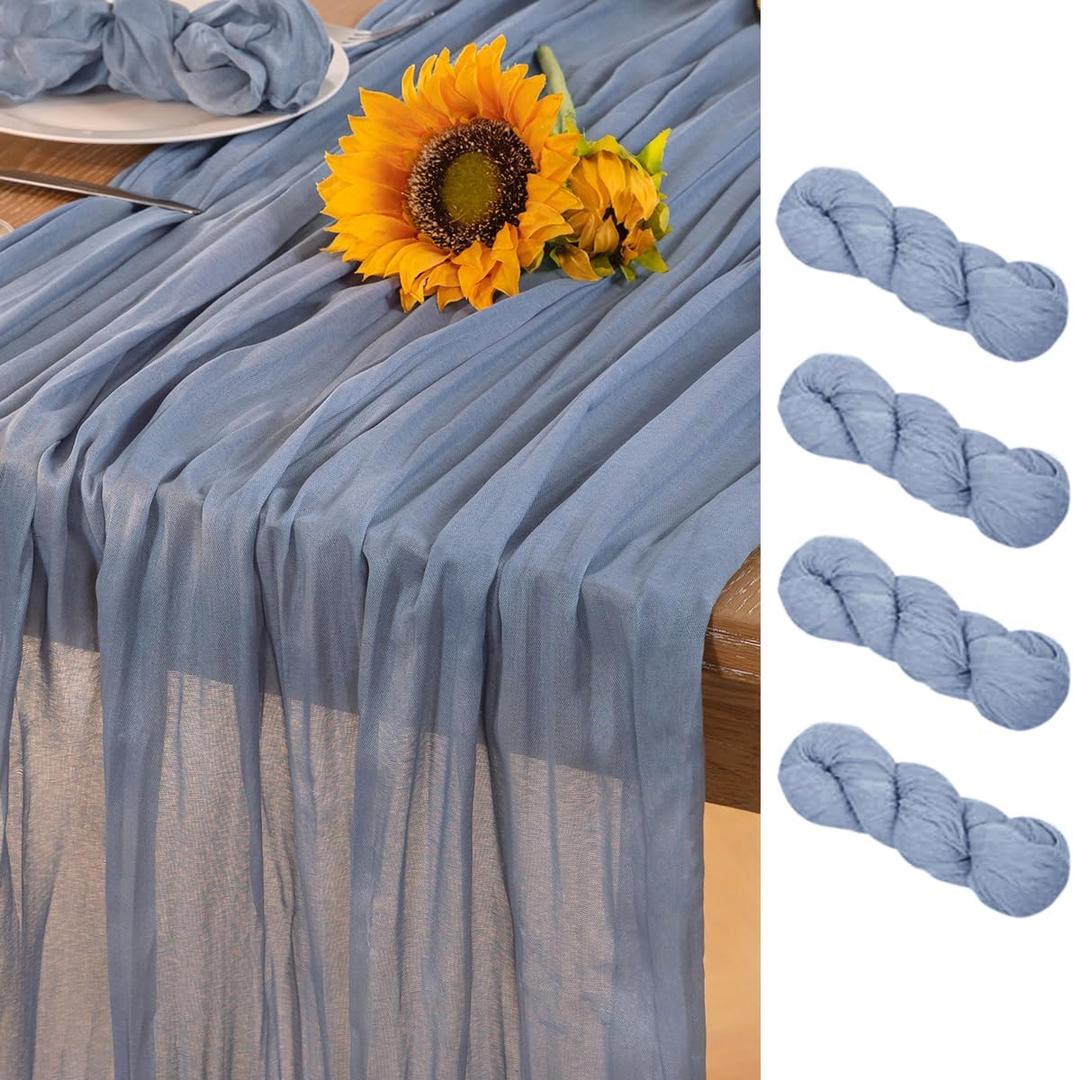 Dusty Blue Cheesecloth Table Runner 4 Pack Christmas Table Runners Boho Gauze 120 Inches Blue Table Decor for Xmas Holiday Season Parties Marine Weddings Bridal Baby Shower Birthday Party