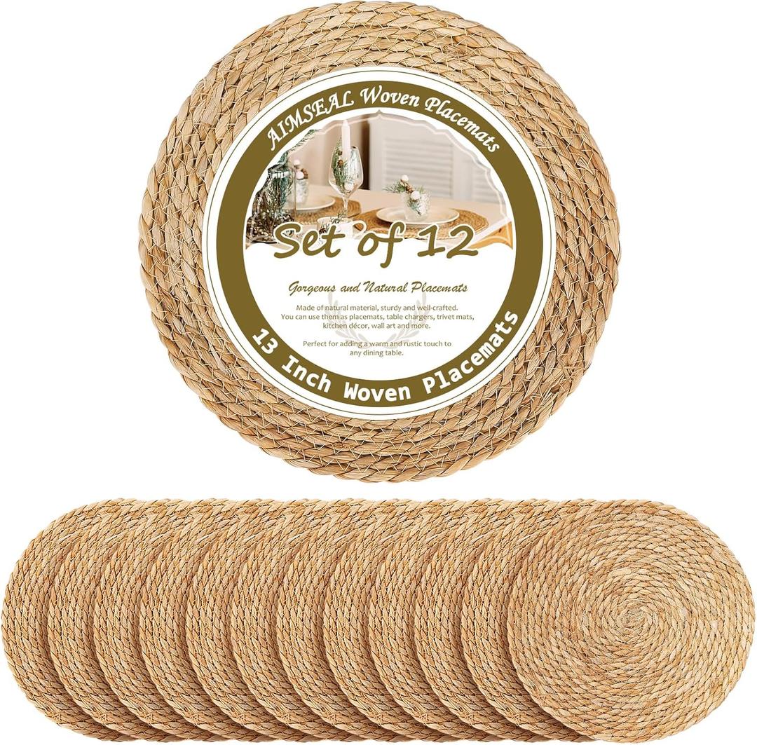 13 Inch Placemats Set of 12, Boho Round Rattan Place Mats for Dining Table Decor, Rustic Woven Chargers for Dinner Plates, Outdoor Patio, Farmhouse Wedding, Water Hyacinth Wicker Braided Placemat