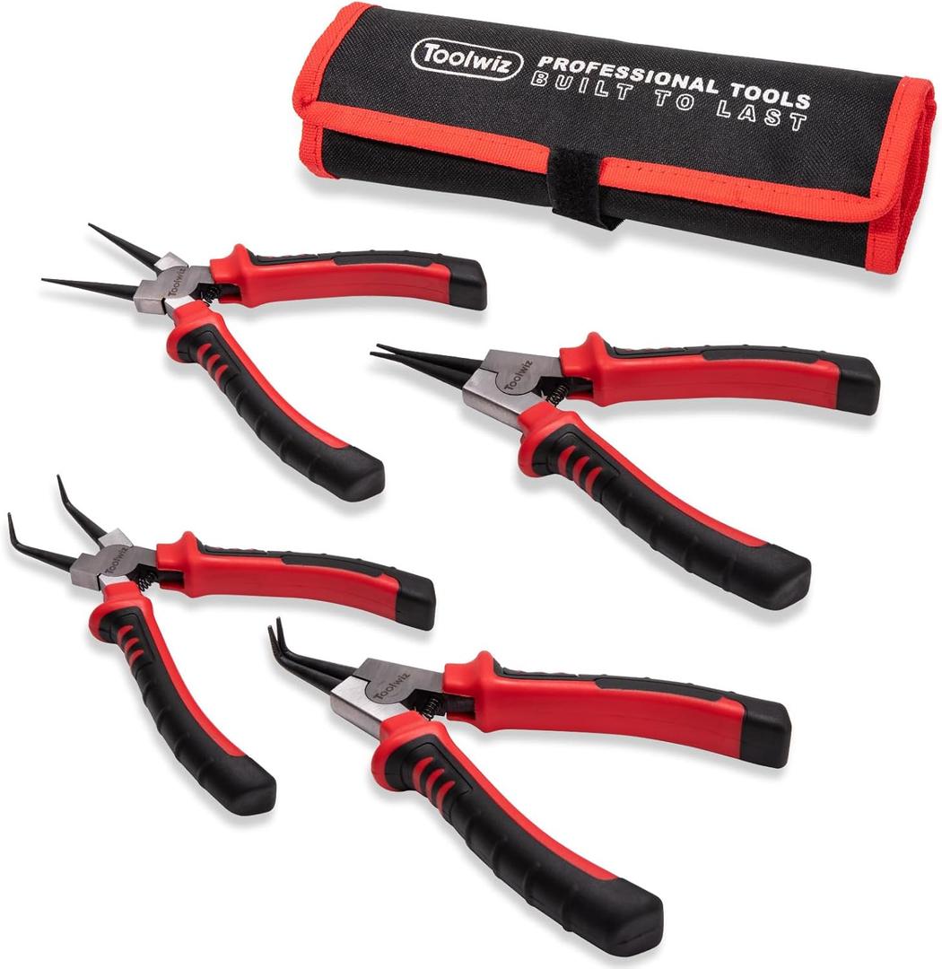 Toolwiz 4 Pcs Snap Ring Pliers Set Heavy Duty, 7-inch Internal/External Retaining Ring Circlip C Clip Pliers, Tip Diameter 5/64'', Straight/Bent Jaw Automotive Tools with Storage Pouch