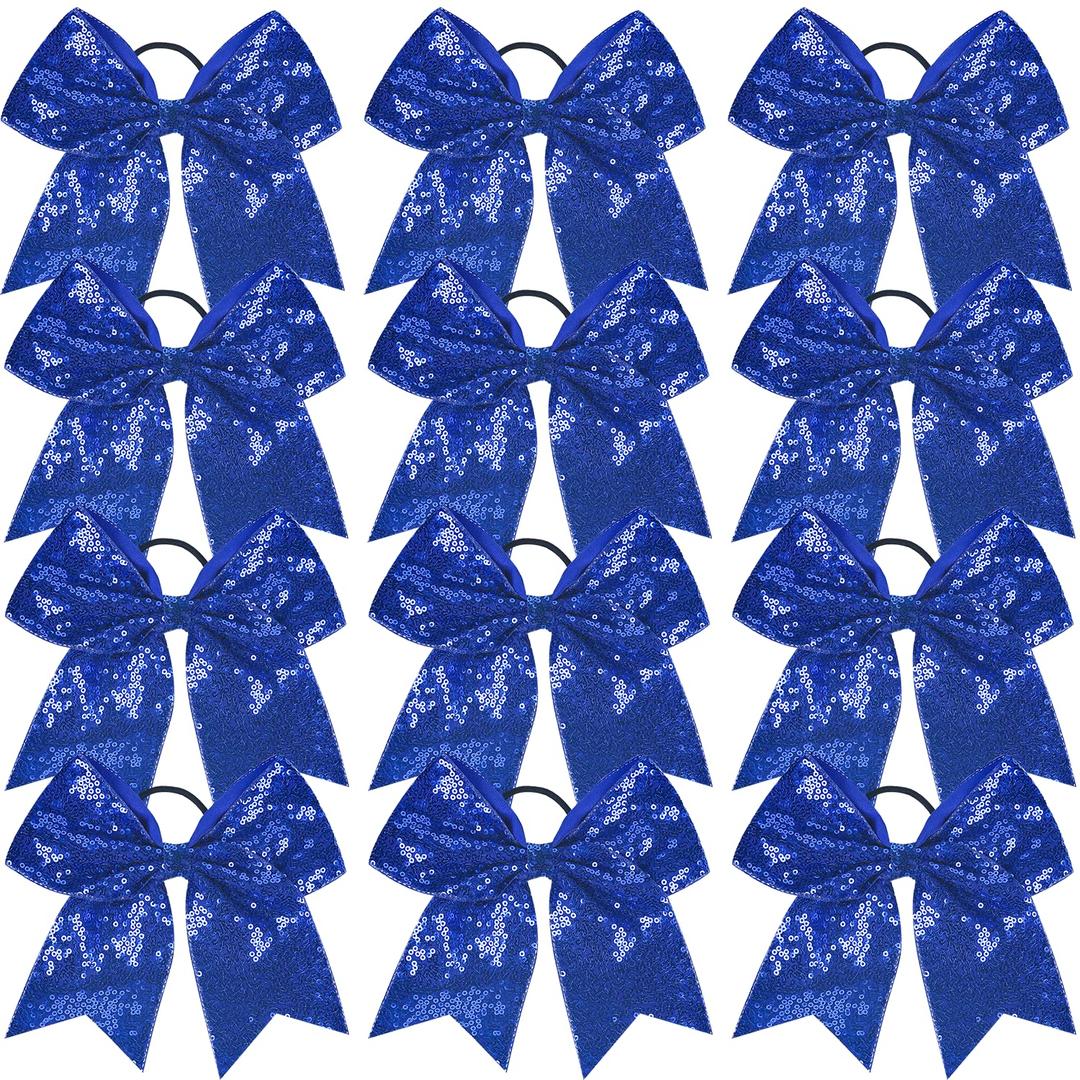 12 Pieces Blue Sequin Cheer Bows, 8 Inch Large Hair Bows with Elastic Ponytail Holder for School Girls Toddlers, Hair Accessories for Cheerleading, Dance, Party