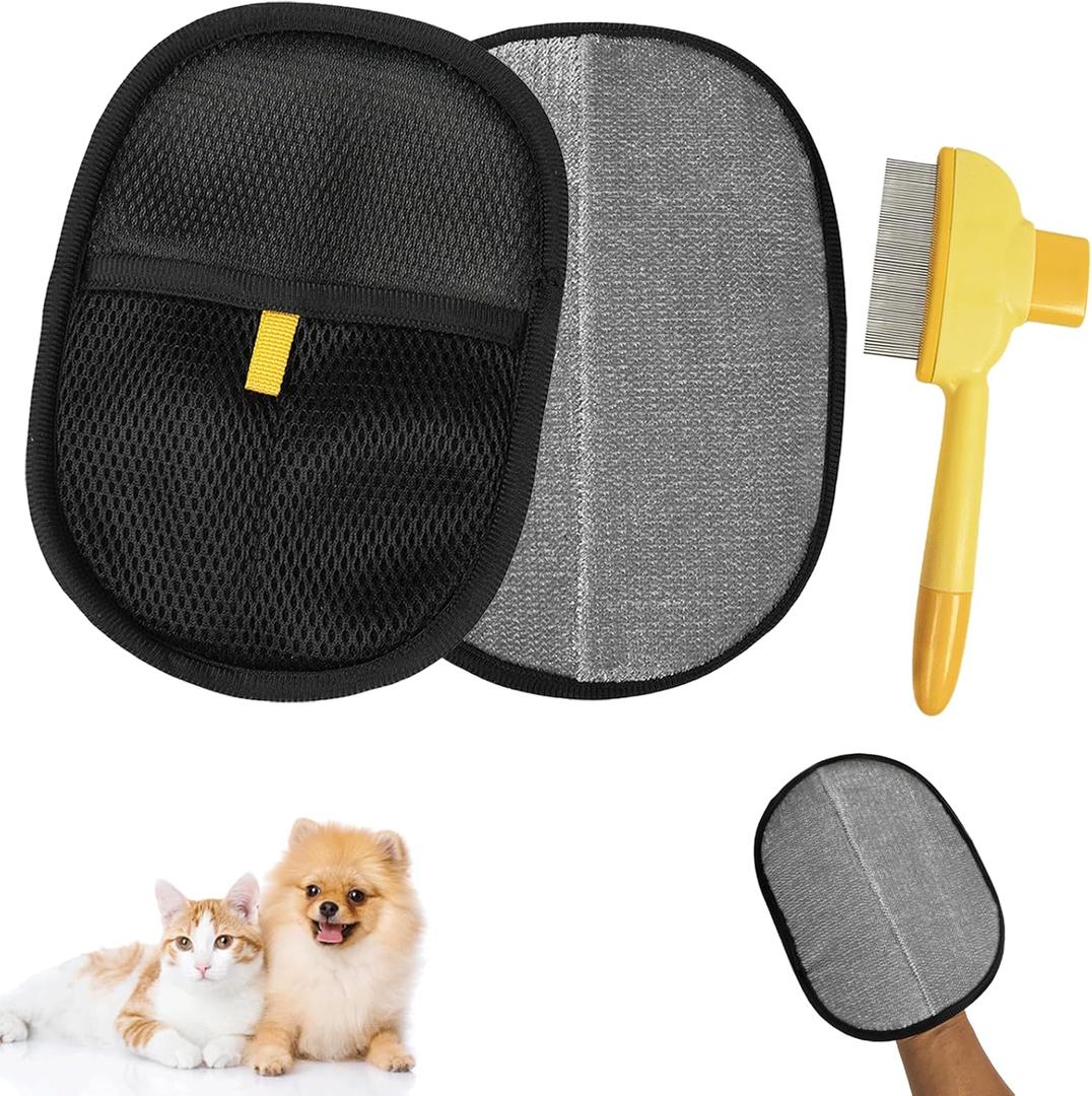Pet Hair Removal Glove, Pet Flat Tooth Comb, 2Pcs, Pet Grooming Glove and Undercoat Rake Deshedding Tool Set for Dogs Cats Hair Removal Brush Kit for Shedding Control, Magic Brush