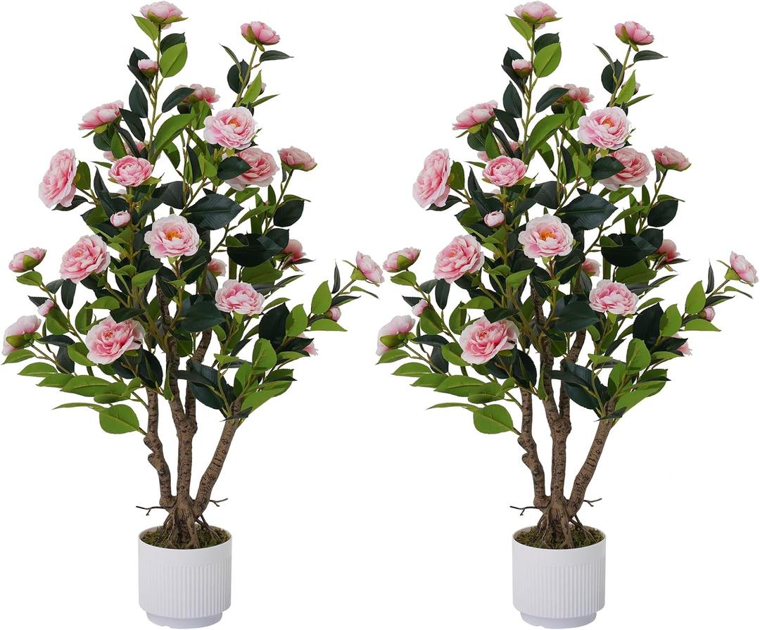 2 Pack Artificial Camellia Tree with White Pot, 38" Faux Potted Plants for Indoor Outdoor Decor, Tall Silk Greenery Plant for Home Offce Living Room Balcony, Pink