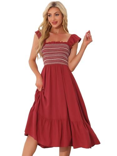 Allegra K Boho Midi Dress for Women's Square Neck Ruffle Tiered Flowy Smocked Sundress Small Burgundy Size S