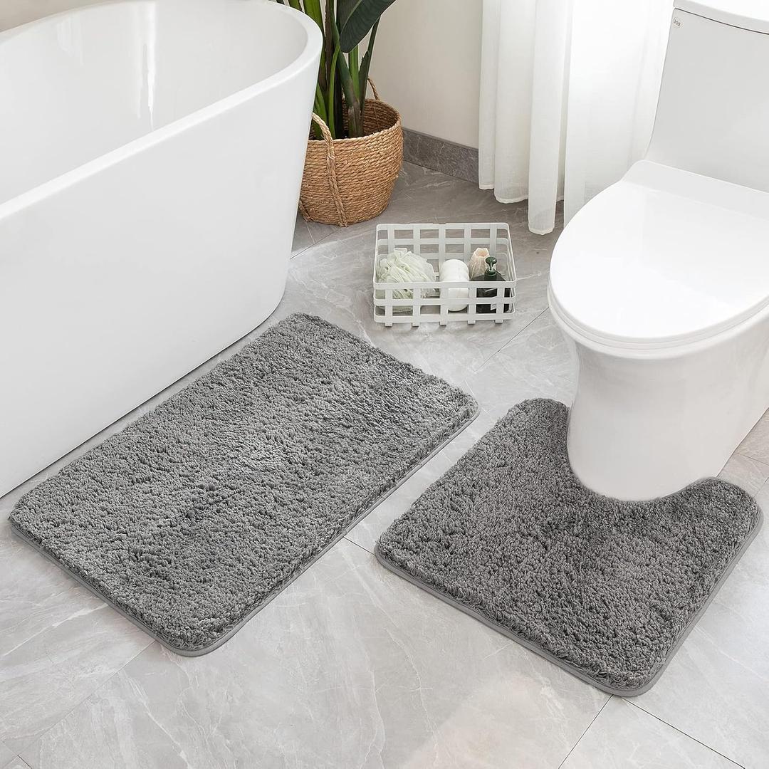 MIULEE Microfiber Bathroom Rugs and Mats Sets 2 Pieces Extra Thick Non Slip Bath Mat and U-Shaped Contour Toilet Rug for Bath Room Floor Restroom, 20"x30"+20"x20", Grey
