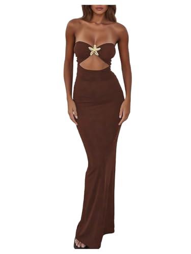 GORGLITTER Women's Strapless Tube Dress Starfish Slit Backless Cut Out Bodycon Maxi Long Cocktail Dress Brown Medium