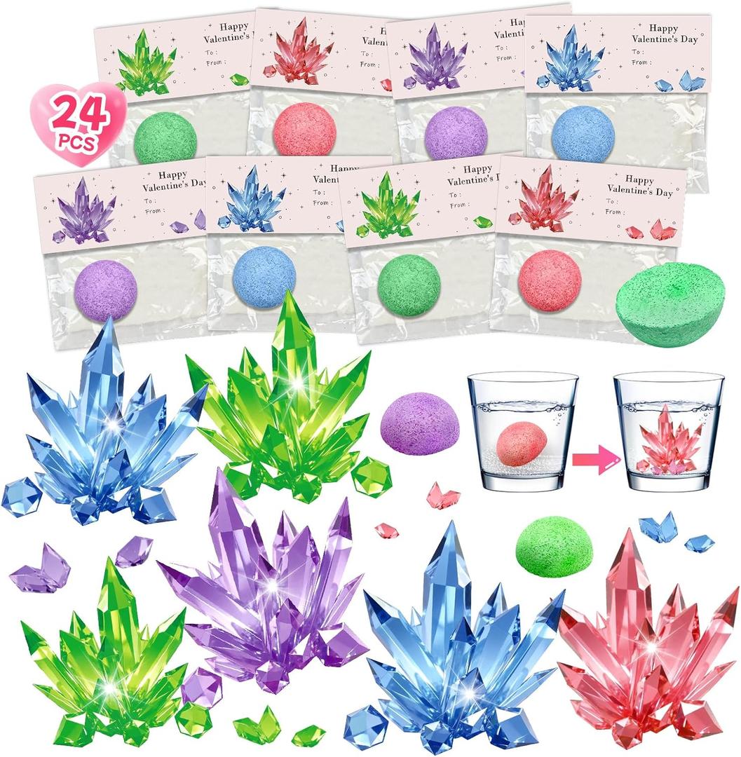 24 Pack Valentines Day Gifts Science Experiment Kit Planting Crystal with Greeting Cards for Kids School Gifts Exchange Classroom Prizes Party Favors Goodie Bag Stuffers for Boys and Girls