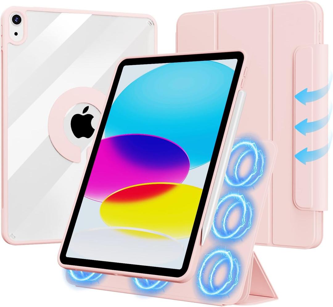 for iPad (A16) 11th Generation 11 Inch 2025/ 10th Generation 10.9 Inch 2022 Hybrid Case with Pencil Holder | Detachable Magnetic Cover | Portrait/Landscape Stand | Clear Hard Back, Pink