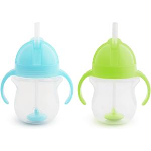 Munchkin Any Angle Sippy Cups for Toddlers, Spill Proof Weighted Straw Cup with Transition Handles for Babies 6 Months and Up, 2 Pack, Blue/Green