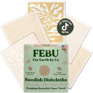 FEBU Swedish Dishcloths for Kitchen | 5 Pack Neutral Reusable Paper Towels Washable | Swedish Dish Towels | Non-Scratch Cellulose Sponge Cloths | No Odor, Biodegradable Cleaning Cloths