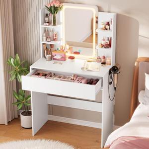 HAIOOU Small Vanity Desk with Mirror and Lights, Makeup Vanity Desk with Storage Drawer, Compact Dressing Table with 3-Tier Open Shelf for Girls Women Bedroom (White), 15"D x 29.5"W x 52"H