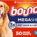 Bounce Pet Hair and Lint Guard Mega Dryer Sheets with 3X Pet Hair Fighters, Fresh Scent, 50 Count