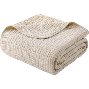 Yoofoss Muslin Blanket 100% Organic Cotton Throw Large 90" x 108" for Bed Couch Summer Gauze Blanket for Adults Lightweight and Breathable Apricot White