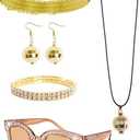 4pcs 70s Disco Costume Accessories for Women Halloween Party Cosplay Sunglasses Silver and gold disco earrings
