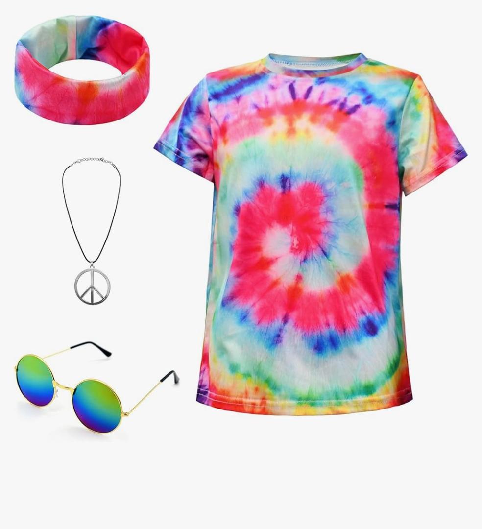 70s Hippie Costume for Kids Colorful Tie Dye Shirt Boys Girls 4Pcs Accessories Set for Halloween Party Cosplay, L