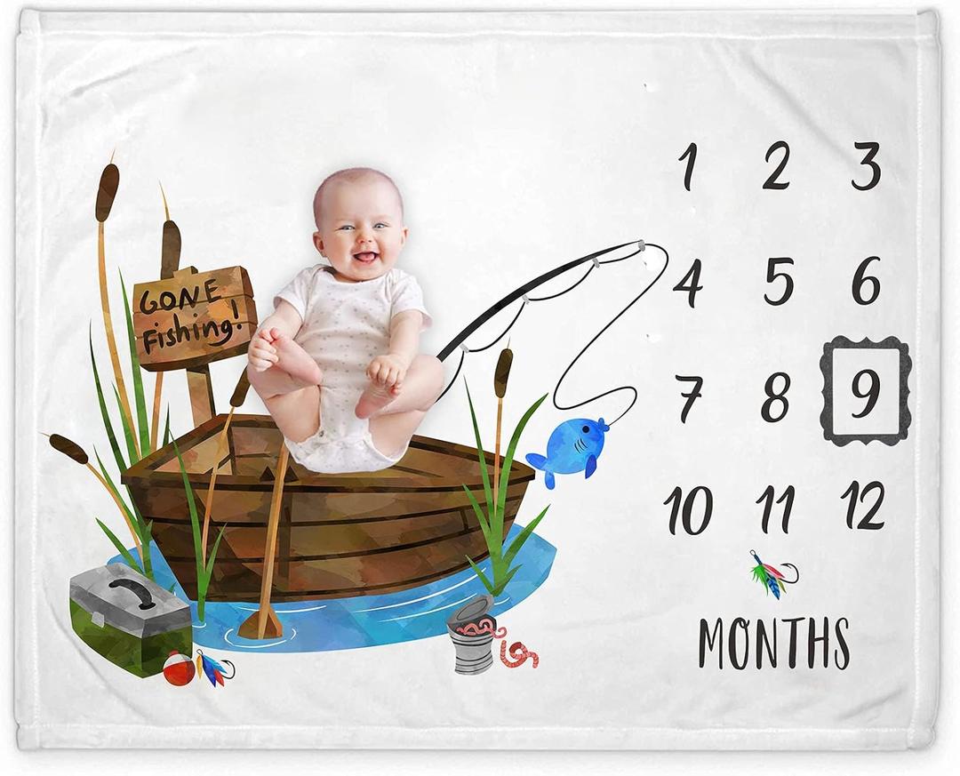 Yuzioey Fishing Baby Monthly Milestone Blanket, Gone Fishing Baby Boy Growth Chart Milestone Photo Blanket, Fishing Boat Newborn, Includes Marker (50"x40")