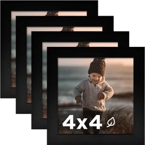 KINLINK 4x4 Picture Frame Black Set of 4, Wooden Square Photo Frames with Plexiglass for 4x4 without Mat for Table and Wall Display