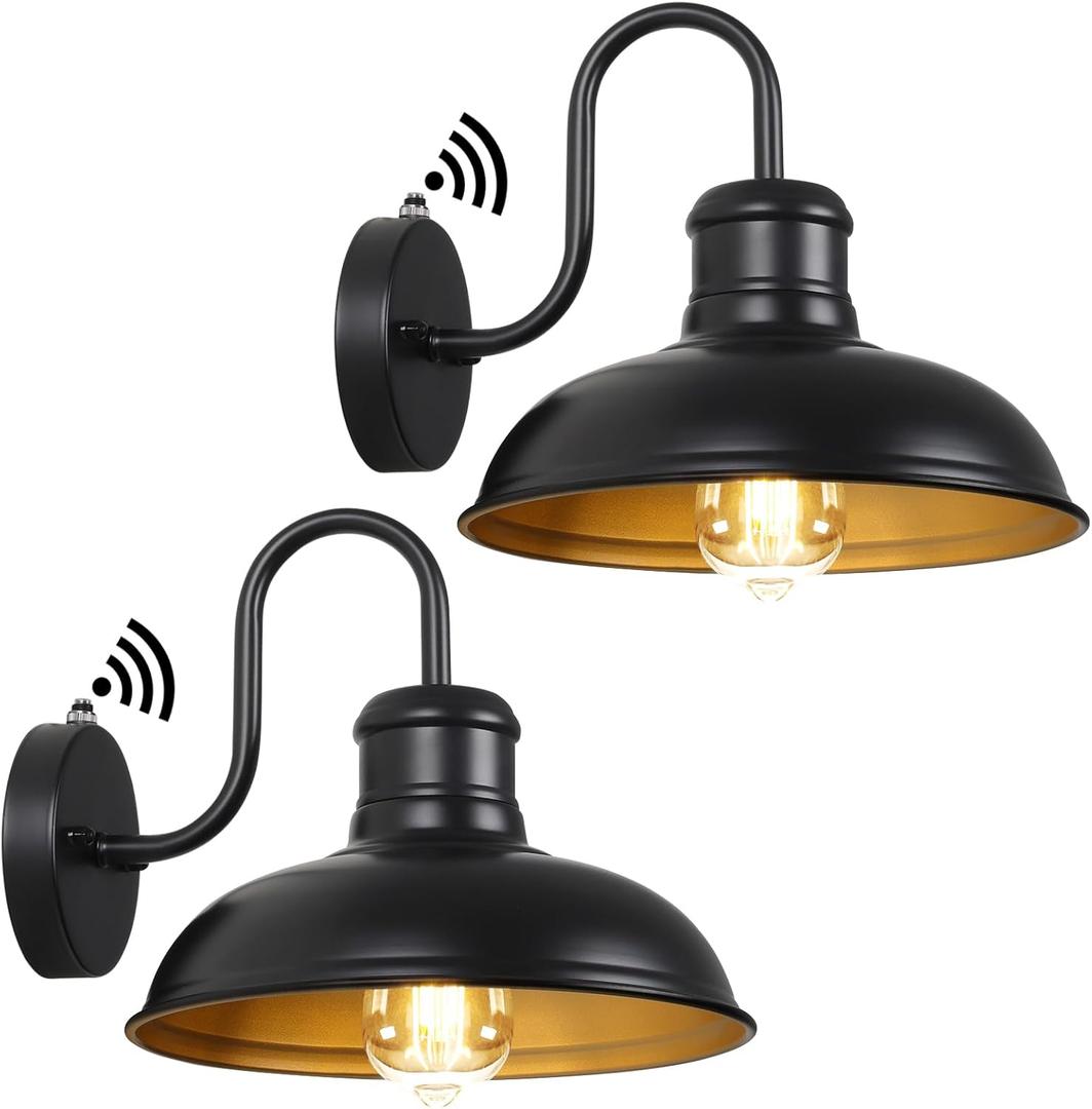 TOBUSA 2-Pack Dusk to Dawn Outdoor Wall Lights, 10 Waterproof Farmhouse Gooseneck Outdoor Barn Light, Anti-Rust Vintage Black&Gold Outside Wall Sconce Lights for House Porch Garage (10.5 inch)