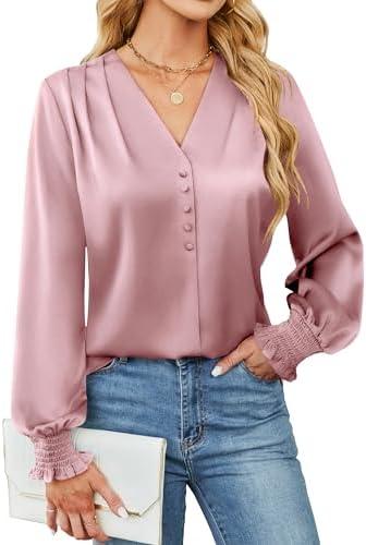 BMJL Women's Blouses Dressy Casual Satin Silk Long Sleeve Shirts Business Casual Tops, Size XL