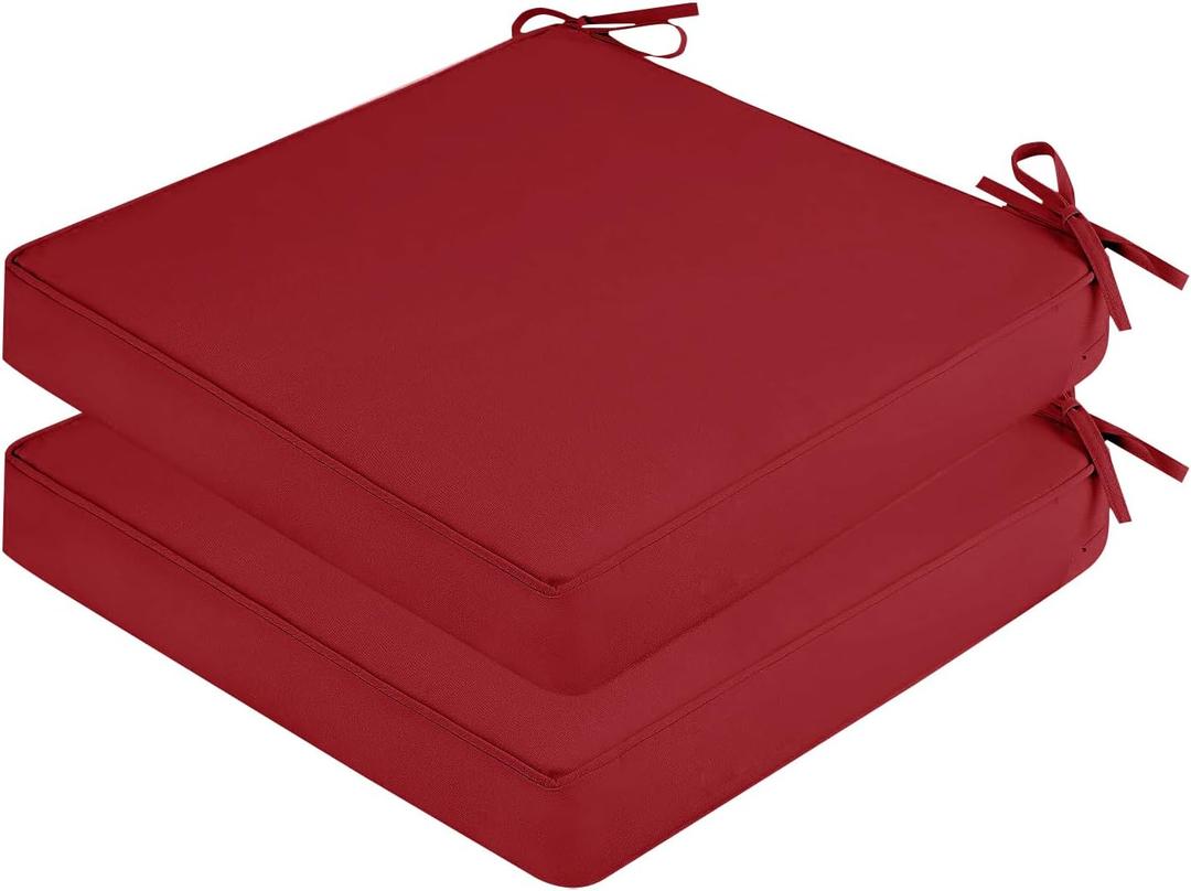 Outdoor Chair Cushions for Patio Furniture, Set of 2 Waterproof Square Corner Memory Foam Patio Chair Cushion with Adjustable Ties Outdoor Seat Cushions, Wine Red, 22"x22"x3"