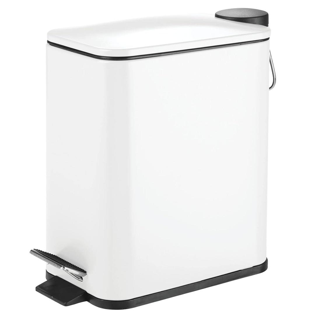 mDesign Slim Metal Rectangle 1.3 Gallon/5 Liter Trash Can with Step Pedal, Easy-Close Lid, Removable Liner - Narrow Wastebasket Garbage Container Bin for Bathroom, Bedroom, Kitchen - Matte White