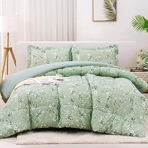 Mooreeke Queen Floral Comforter Set, Sage Green Aesthetic Flower Printed Bedding Sets, 3 Pieces Vintage Comforters & Sets, 1 Soft Lightweight Microfiber Comforter and 2 Pillow Shams