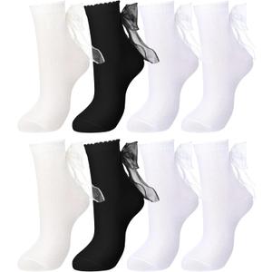 Geyoga 4 Pairs Women Ruffle Socks with Bow Soft Breathable Ankle Socks