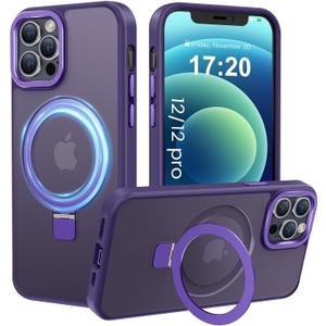 Compatible with iPhone 12/12 pro Case with Magnetic Ring Stand, Military Drop Protection, Anti-Scratch/Anti-Fingerprint Translucent Matte Phone Case for iPhone 12/12 pro (Purple)