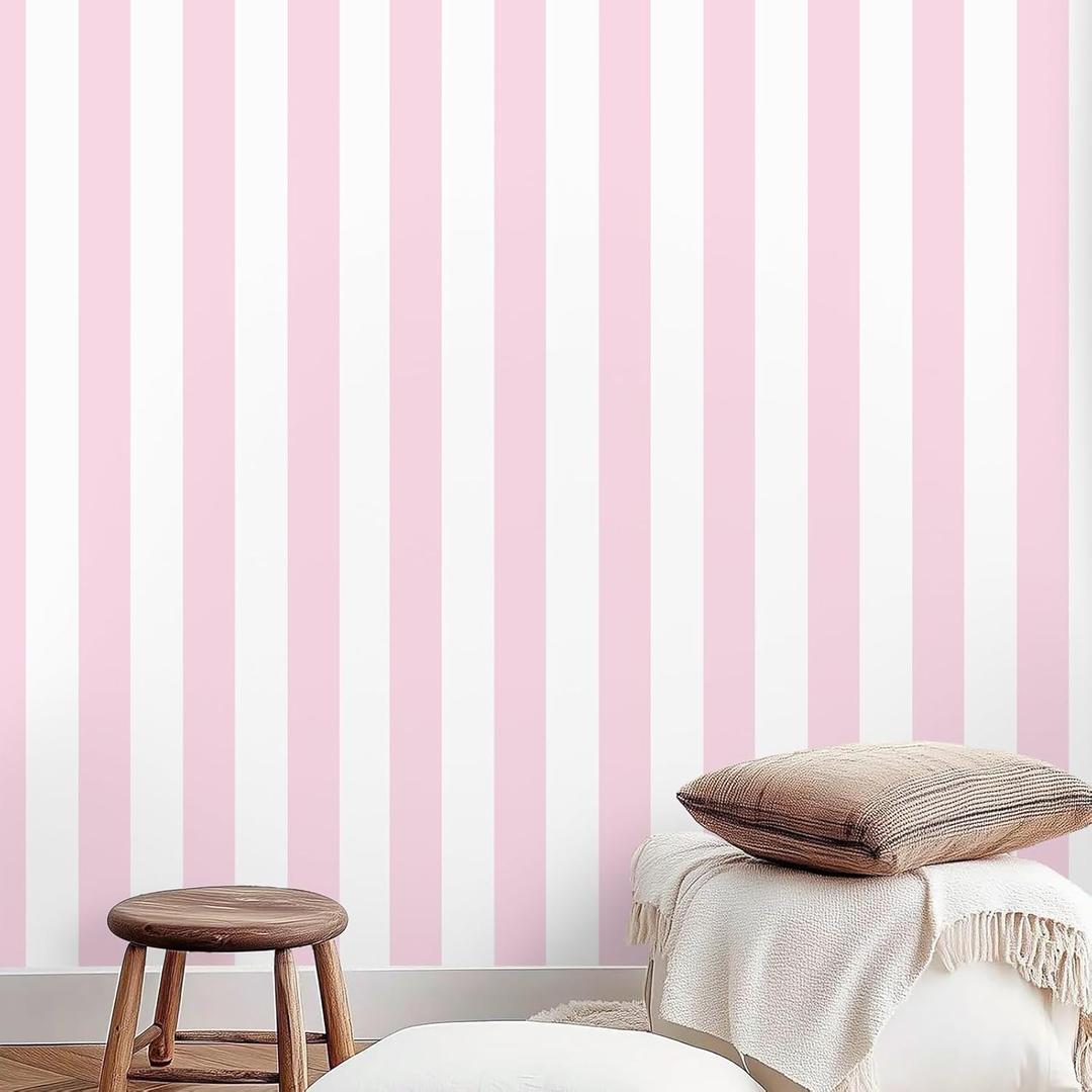 Cohoo Home Pink Striped Peel and Stick Wallpaper Pink and White Stripe Contact Paper for Cabinets Modern Stripes Self-Adhesive Removable Wall Paper Cute Girls Bedroom Nursery Decor Vinyl 17.7393