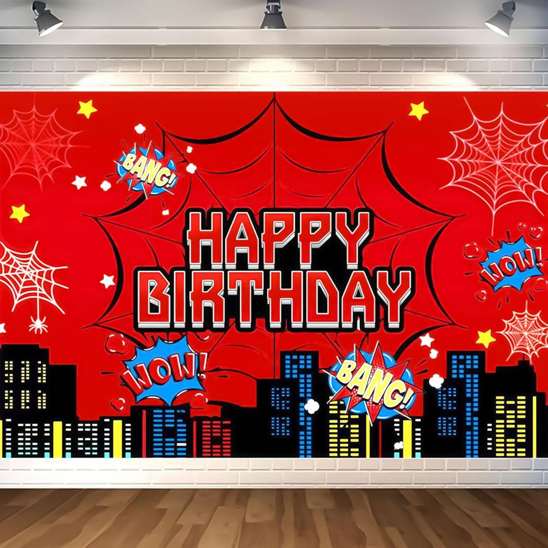 Red Spider Web Backdrop for Birthday Party Decoration, 7 x 5ft Photo Background Banner Red and Blue Cartoon Theme Party Supplies for Boys Baby Shower Wall Decor Photo Booth Props (7 x 5ft)