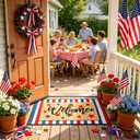 2 Pcs Patriotic Door Mat Set for 4th of July Front Porch Decor, Layered Americana Welcome Mat with Red White Blue Striped Mat, Non-Slip Low Profile Doormat for 250th Anniversary Patio Entryway