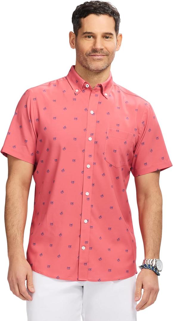 IZOD Men's Breeze Short Sleeve Button Down Patterned Shirt (XX-Large, Holly Berry)
